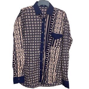 Vintage Western Snap Shirt Southwestern Aztec Geometric Blue Beige Men XL
